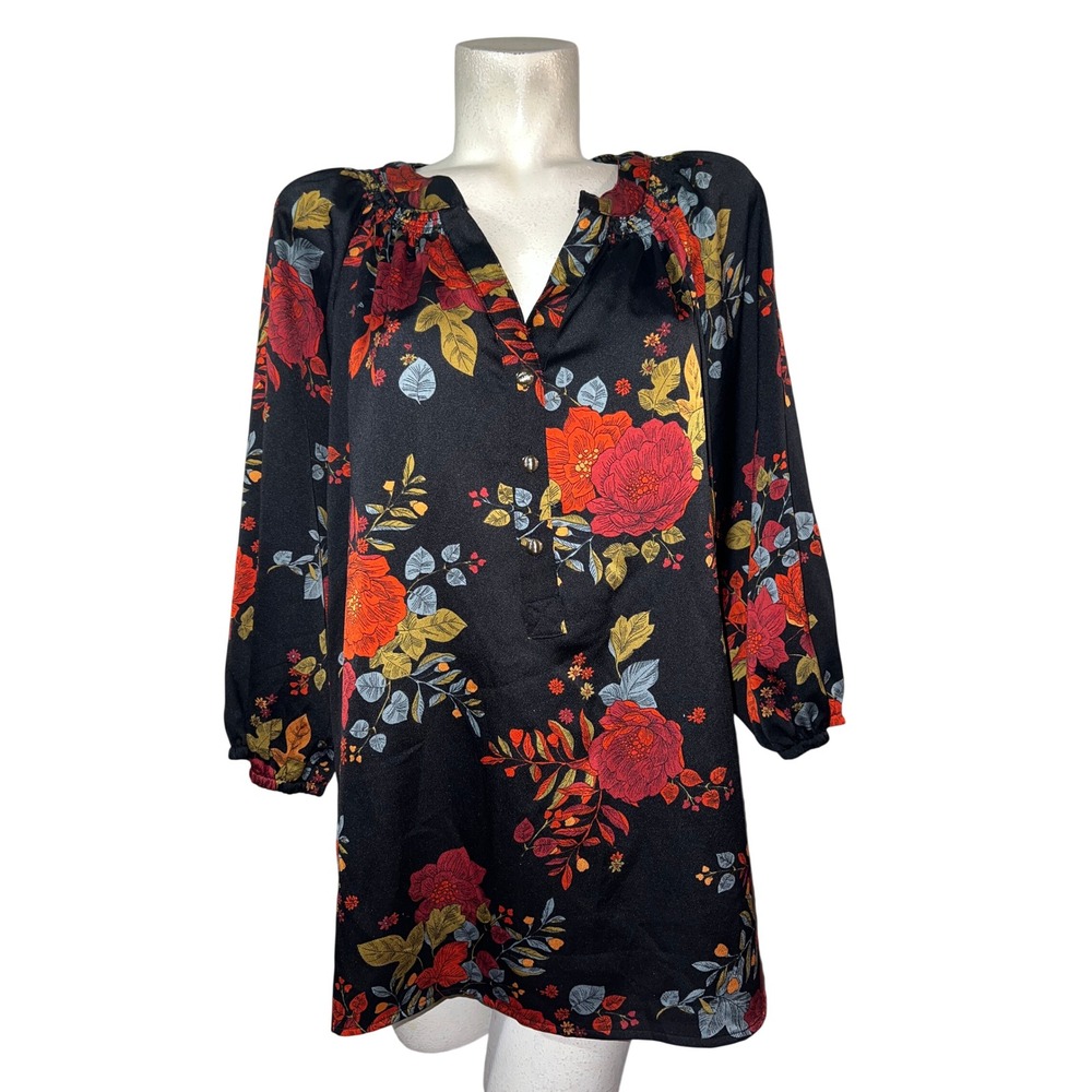 Sara Michelle Top Black Floral Satin Blouse Plus 2X Red Orange Split Neck Tunic